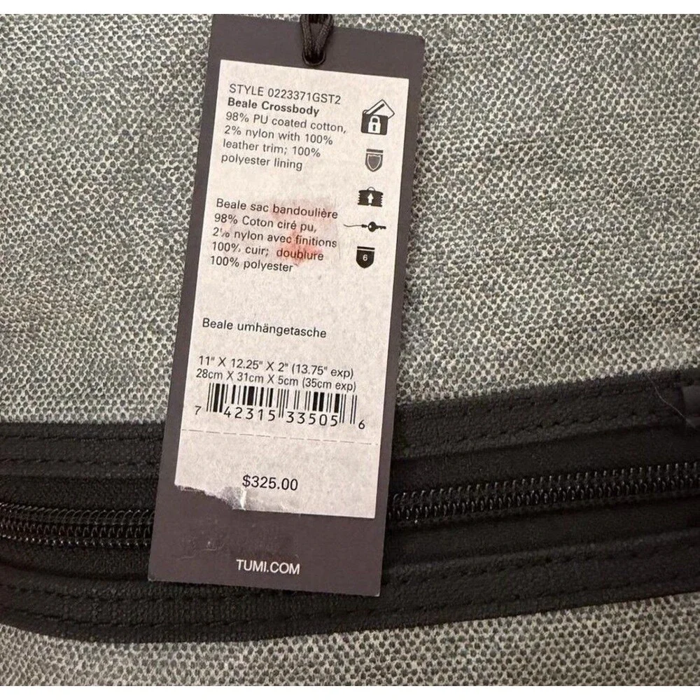 NWT Tumi Beale Crossbody Bag Gray w Black Leather Expandable Adjustable Strap
